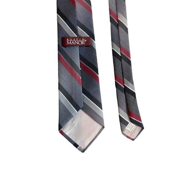 Austin Manor Mens Neck Tie Red Gray Black Stripe Work Dad Gift - Picture 5 of 6